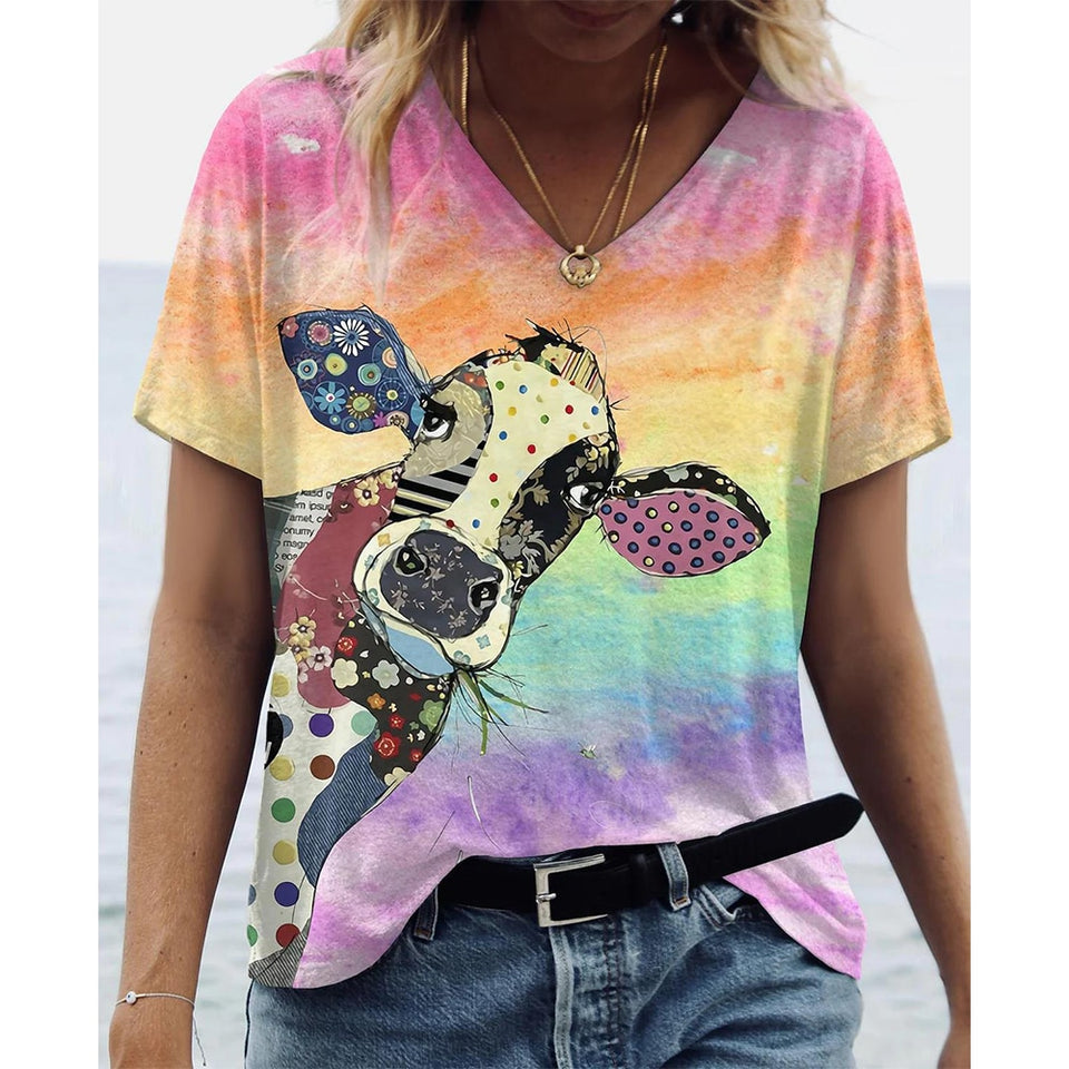 V-Neck T Shirt For Women-Cute Cow Print Oversized Shirt Sleeve Summer