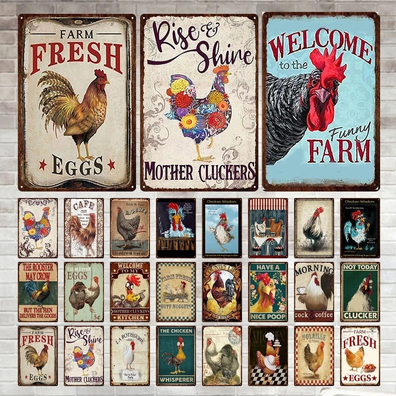 Fresh Eggs Metal Tin Sign Farm Home Wall Decor Happy Chicken Retro - myfunfarm