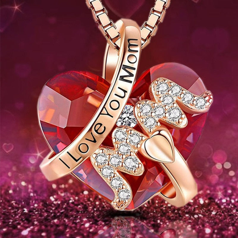 Luxury Pendant Necklace Red Blue Heart Crystal Mothers Day Gift - myfunfarm