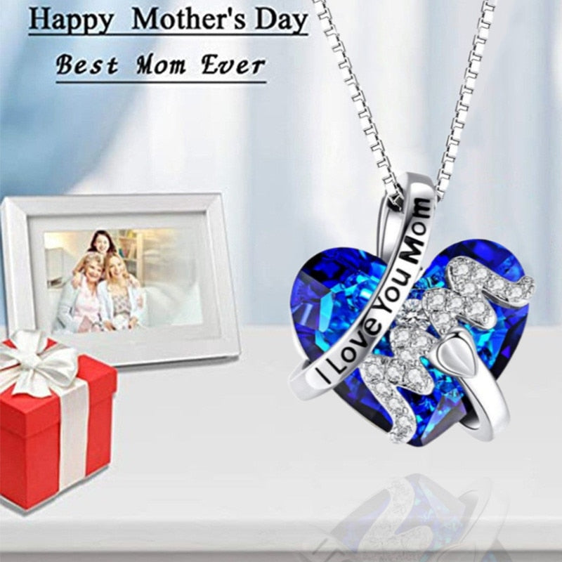 Luxury Pendant Necklace Red Blue Heart Crystal Mothers Day Gift - myfunfarm