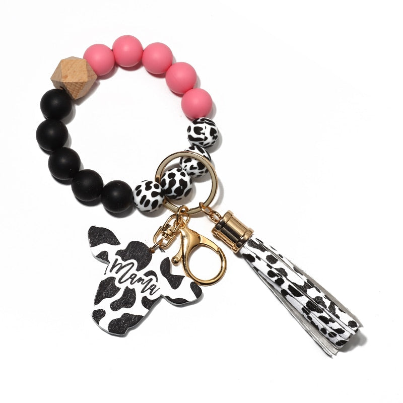 Cow Custom Beads Leather Tassel  Wooden Bead Bracelet gift for MAMA