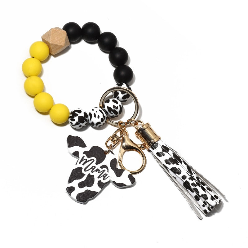 Cow Custom Beads Leather Tassel  Wooden Bead Bracelet gift for MAMA