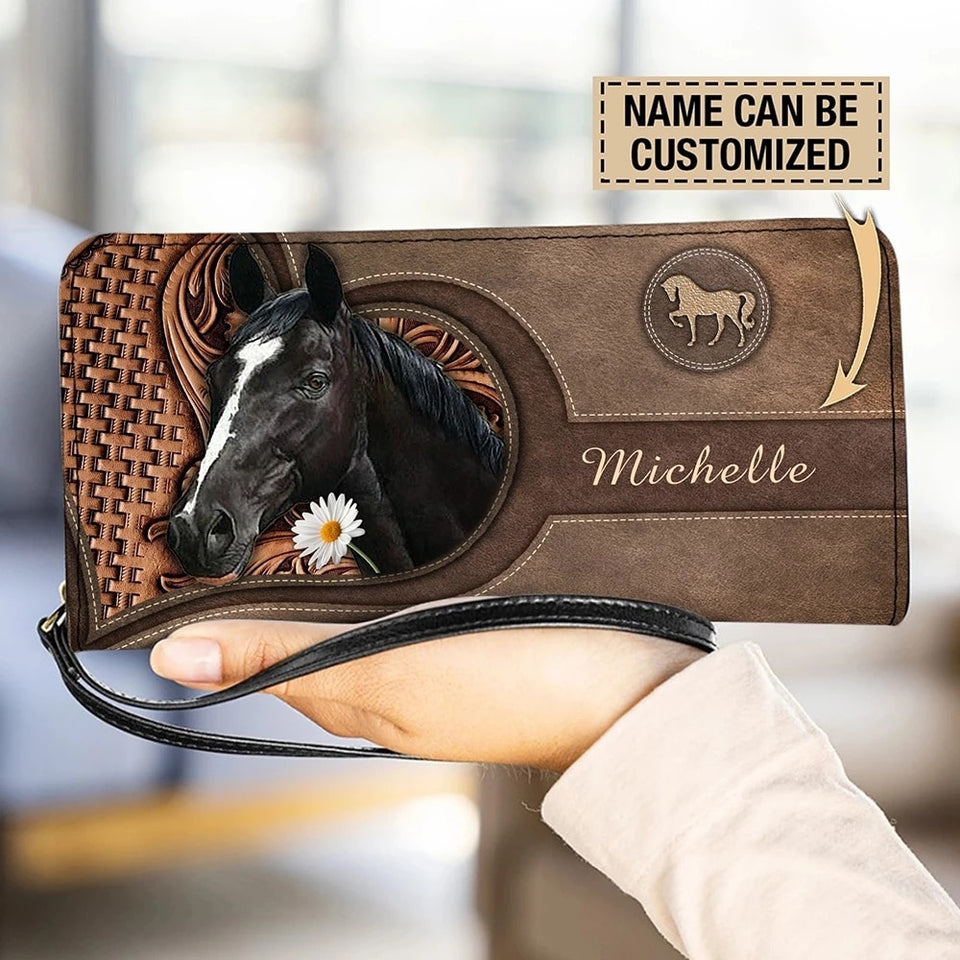 Personalized name-Long Wallet Ladies Brown Vintage  Black Horse