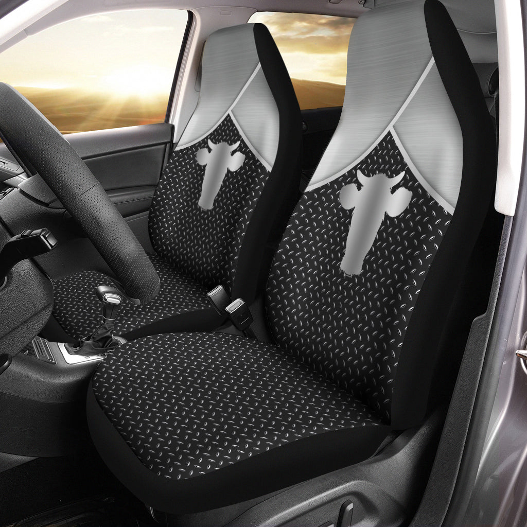 Cow logo Metal style - Car Seat Covers (Set of 2)  Airbag Compatible or Not - myfunfarm - clothing acceessories shoes for cow lovers, pig, horse, cat, sheep, dog, chicken, goat farmer