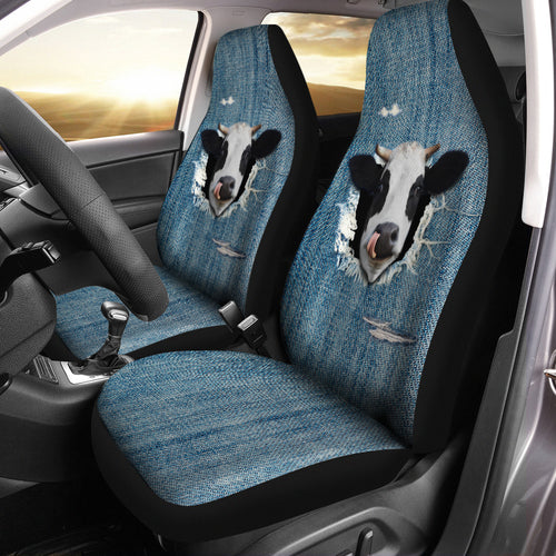 Funny cow fake jean - Car Seat Covers (Set of 2) Airbag Compatible or Not - myfunfarm - clothing acceessories shoes for cow lovers, pig, horse, cat, sheep, dog, chicken, goat farmer