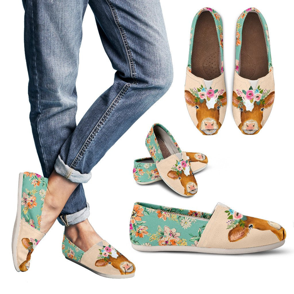 Cute Cow and flowers  - WOMEN'S CASUAL SHOES CANVAS - myfunfarm - clothing acceessories shoes for cow lovers, pig, horse, cat, sheep, dog, chicken, goat farmer