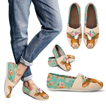 Cute Cow and flowers  - WOMEN'S CASUAL SHOES CANVAS - myfunfarm - clothing acceessories shoes for cow lovers, pig, horse, cat, sheep, dog, chicken, goat farmer