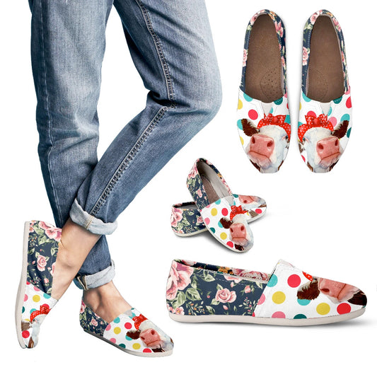 Cute Cow and flowers  - WOMEN'S CASUAL SHOES CANVAS - myfunfarm - clothing acceessories shoes for cow lovers, pig, horse, cat, sheep, dog, chicken, goat farmer