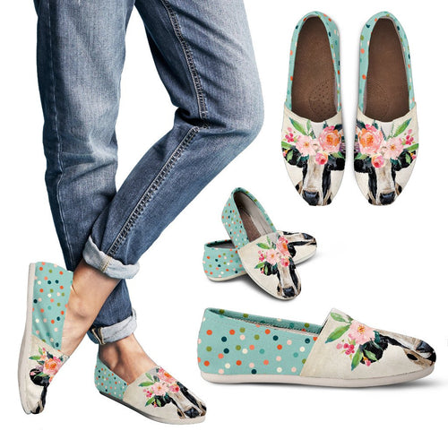 Cute Cow and flowers  - WOMEN'S CASUAL SHOES CANVAS - myfunfarm - clothing acceessories shoes for cow lovers, pig, horse, cat, sheep, dog, chicken, goat farmer