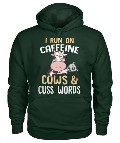 i run on caffeine cows cus words  - Men's and Women's t-shirt , Vneck, Hoodies - myfunfarm - clothing acceessories shoes for cow lovers, pig, horse, cat, sheep, dog, chicken, goat farmer
