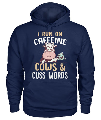 i run on caffeine cows cus words  - Men's and Women's t-shirt , Vneck, Hoodies - myfunfarm - clothing acceessories shoes for cow lovers, pig, horse, cat, sheep, dog, chicken, goat farmer