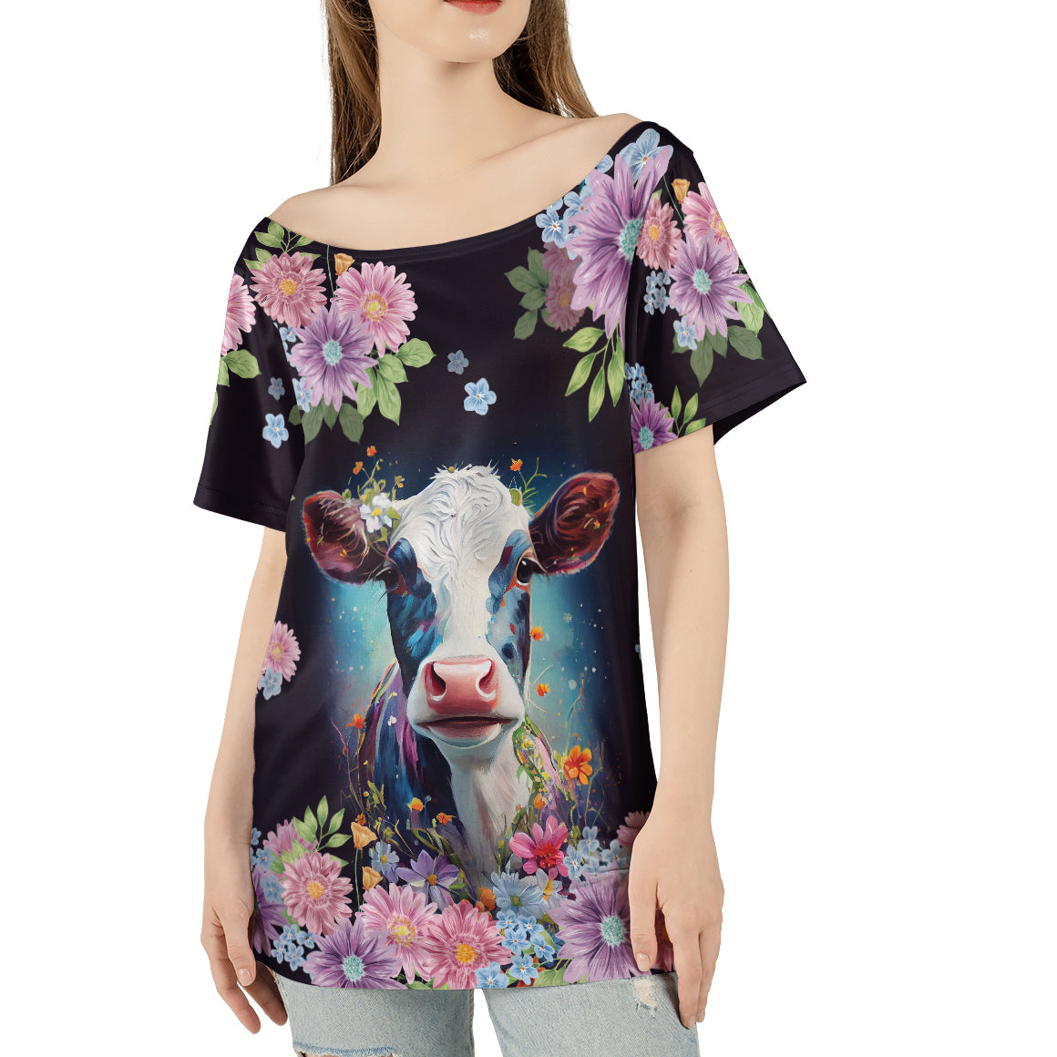 Cute cow design - Women's Off the shoulder T-shirt - myfunfarm