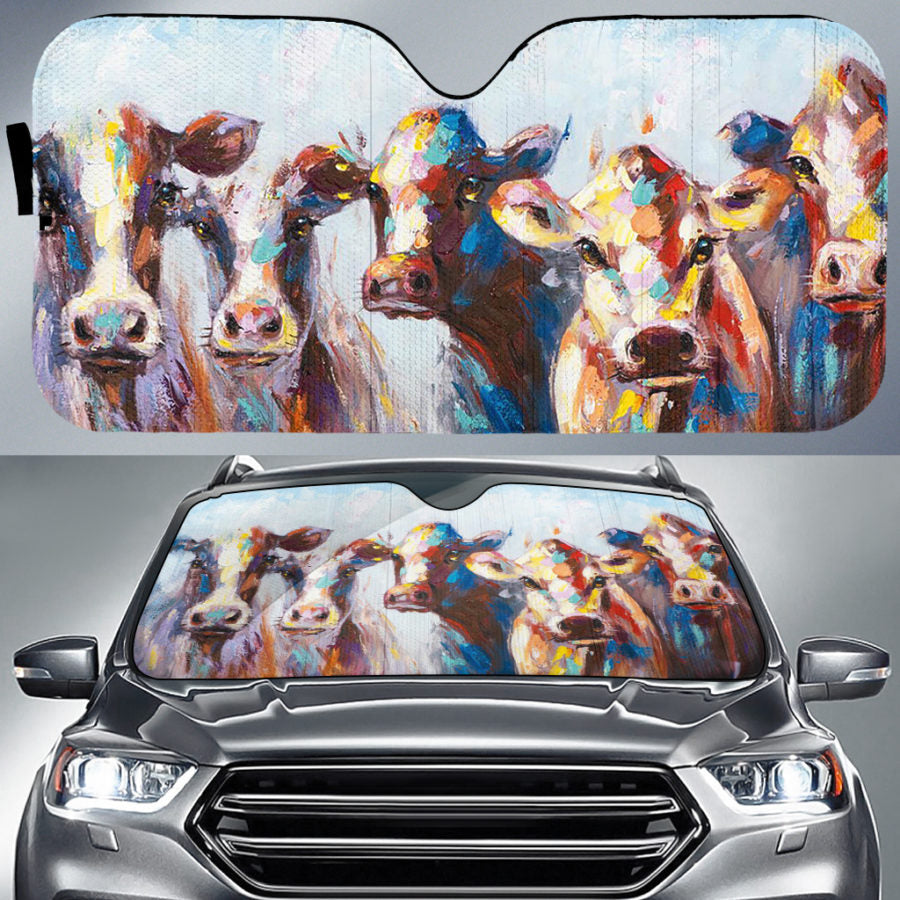 Cow painting color print Auto Sun Shade - myfunfarm - clothing acceessories shoes for cow lovers, pig, horse, cat, sheep, dog, chicken, goat farmer