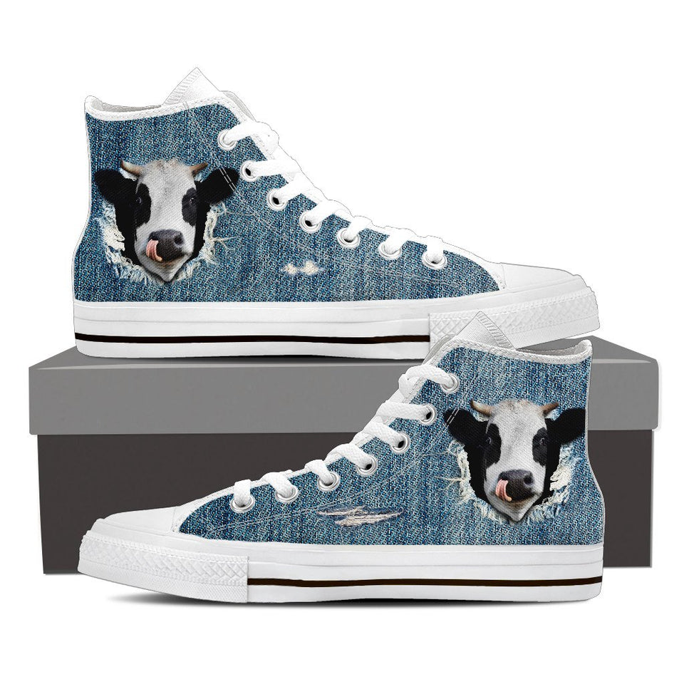 Cow fake jean funny - High-Top Shoe WOMEN'S and MEN'S - myfunfarm - clothing acceessories shoes for cow lovers, pig, horse, cat, sheep, dog, chicken, goat farmer