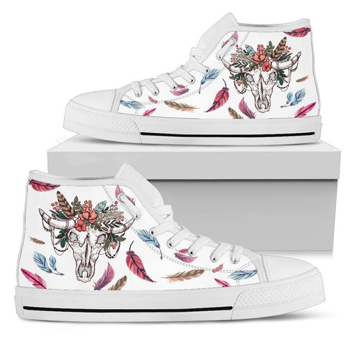 Skull cow and flowers leather - High-Top Shoe WOMEN'S and MEN'S - myfunfarm - clothing acceessories shoes for cow lovers, pig, horse, cat, sheep, dog, chicken, goat farmer