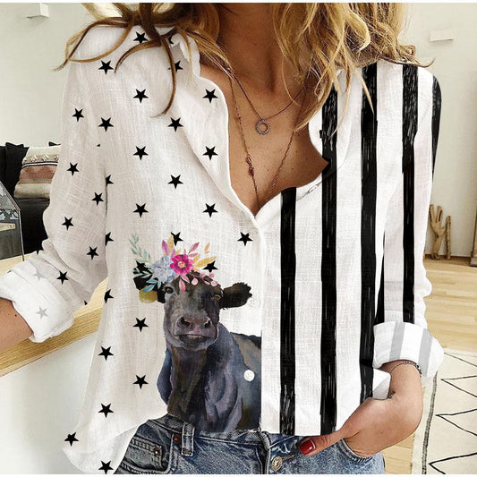 Black  angus cattle USA Flag - Women Linen Shirt & Shorts - myfunfarm
