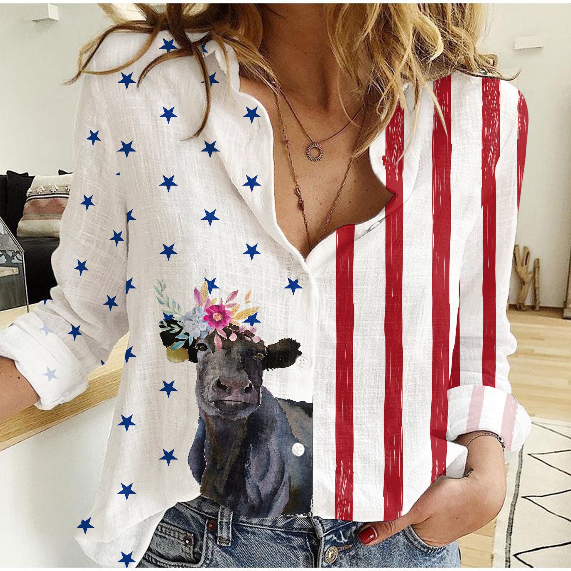 Black  angus cattle USA Flag - Women Linen Shirt & Shorts - myfunfarm