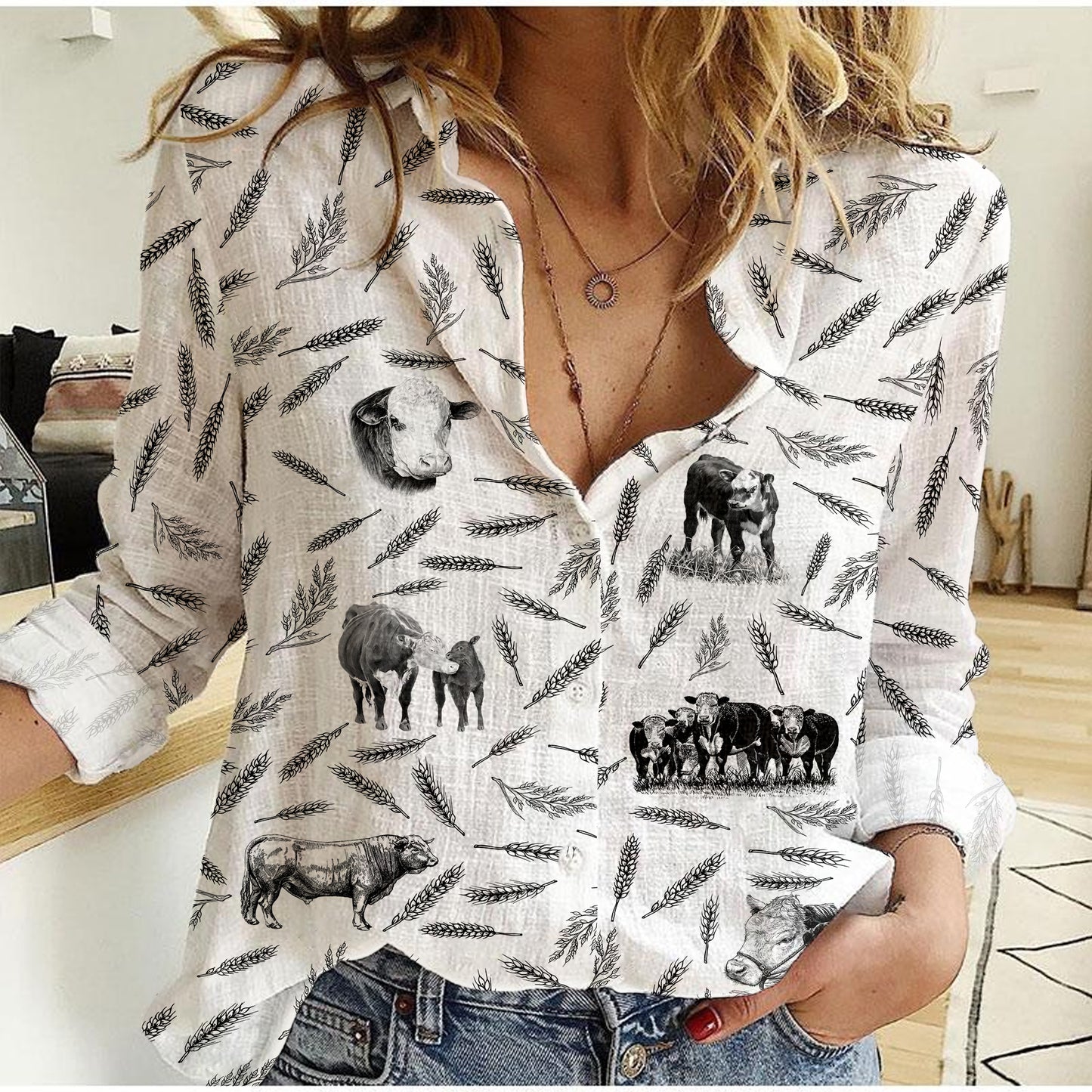Hereford Cattle Pattern Women Linen Shirt & Shorts - myfunfarm