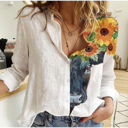 Black Angus and sunflowers - Women Linen Shirt & Shorts - myfunfarm