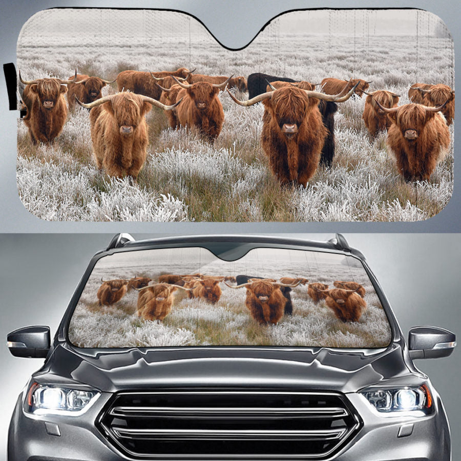 Highland cow  print Auto Sun Shade - myfunfarm - clothing acceessories shoes for cow lovers, pig, horse, cat, sheep, dog, chicken, goat farmer