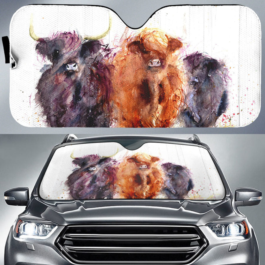 Highland cow cute  print Auto Sun Shade - myfunfarm - clothing acceessories shoes for cow lovers, pig, horse, cat, sheep, dog, chicken, goat farmer