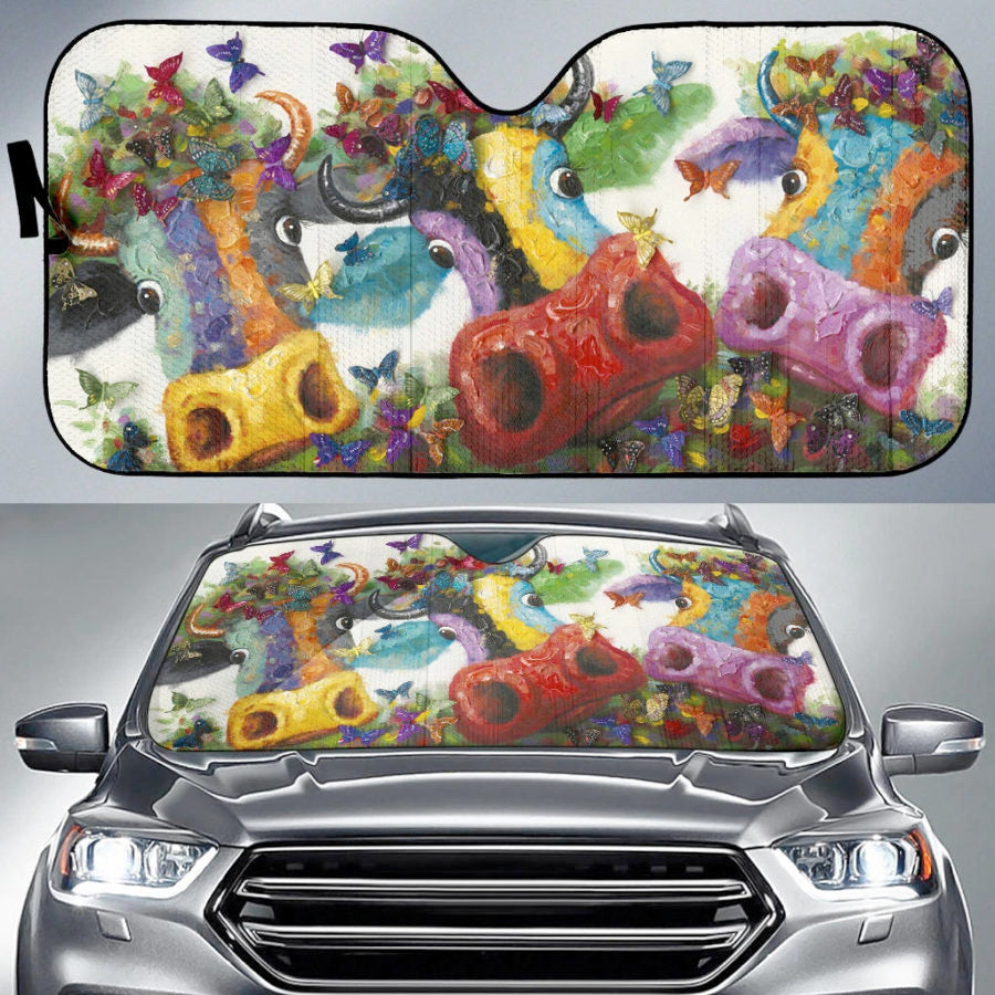 Cow painting color print Auto Sun Shade - myfunfarm - clothing acceessories shoes for cow lovers, pig, horse, cat, sheep, dog, chicken, goat farmer