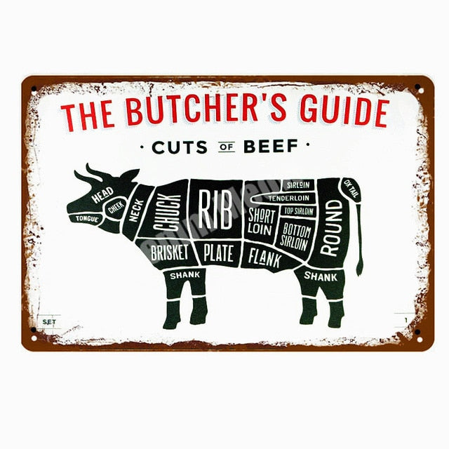 BUTCHER'S GUIDE Vintage Metal Signs - Cow Chicken Pork Duck - myfunfarm