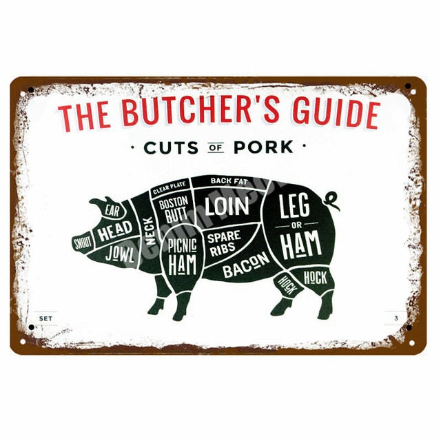 BUTCHER'S GUIDE Vintage Metal Signs - Cow Chicken Pork Duck - myfunfarm
