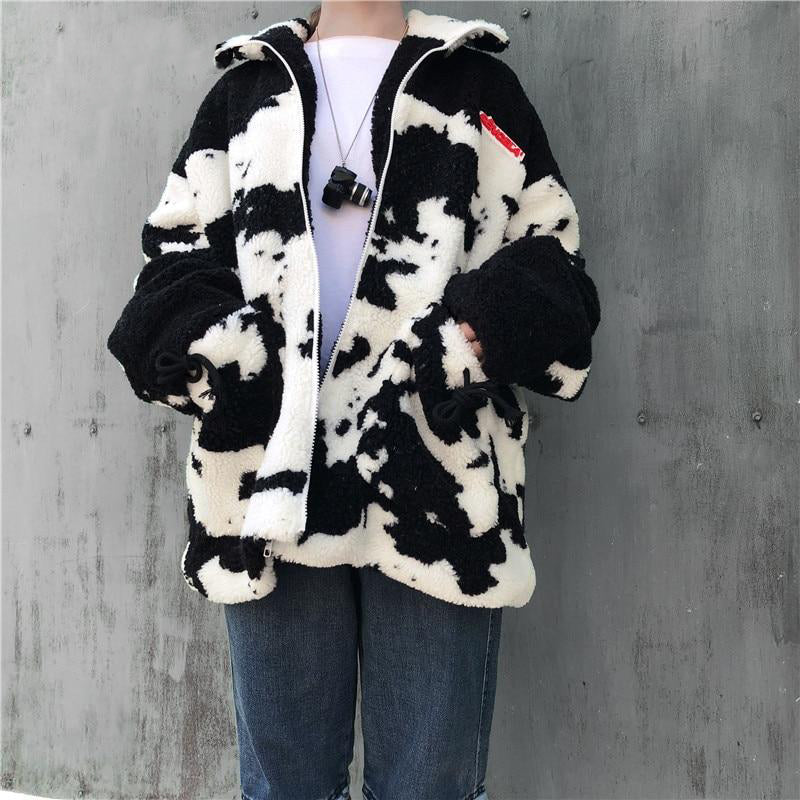 Cow pattern Lambswool coats Autumn winter oversize thicken warm - myfunfarm