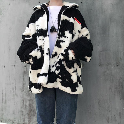 Cow pattern Lambswool coats Autumn winter oversize thicken warm - myfunfarm