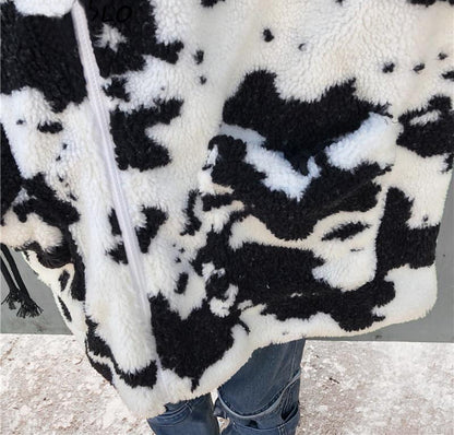 Cow pattern Lambswool coats Autumn winter oversize thicken warm - myfunfarm