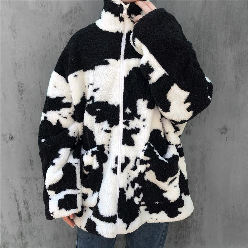 Cow pattern Lambswool coats Autumn winter oversize thicken warm