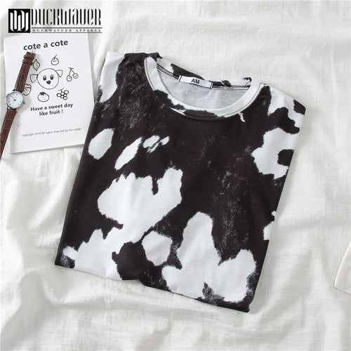 Cow Printed Women Oversize Tshirt White and Black Breathable Soft - myfunfarm - clothing acceessories shoes for cow lovers, pig, horse, cat, sheep, dog, chicken, goat farmer