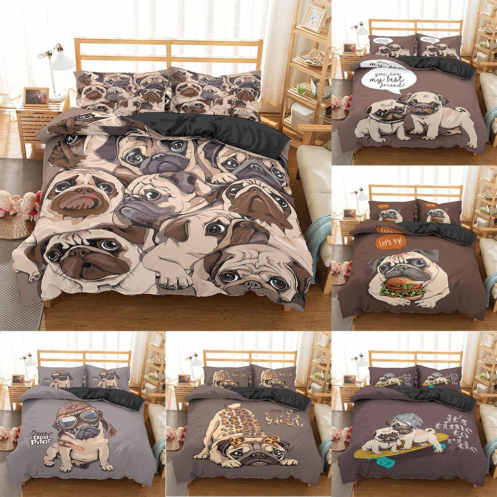 Cartoon Pug Bedding Sets Comforter Duvet Cover and 2 Pillow case - myfunfarm