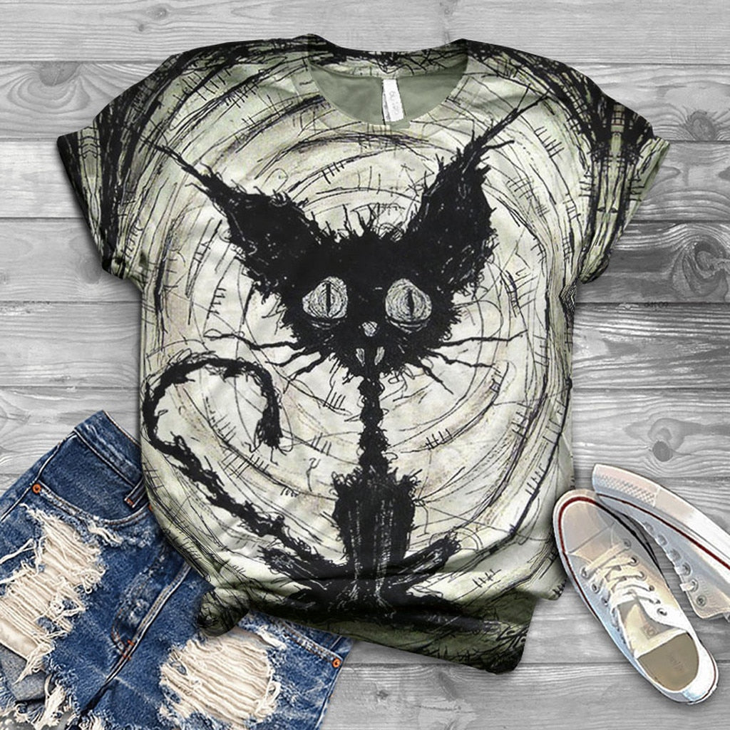 Woman Tshirts Halloween black cat - myfunfarm
