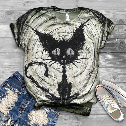 Woman Tshirts Halloween black cat - myfunfarm