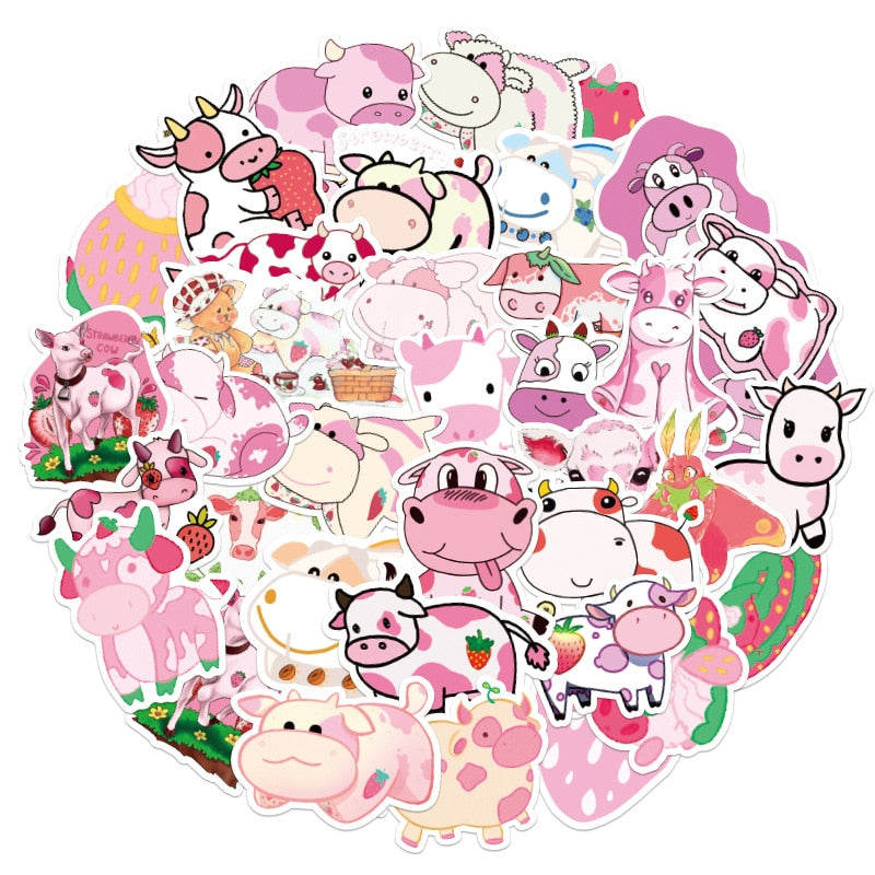 50PCS Cartoon Pink Cute Cow Stickers