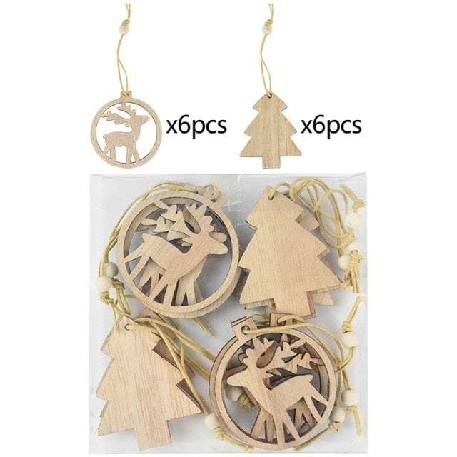 12pcs/box Christmas Wooden Hanging Ornaments Decorations For Home - myfunfarm