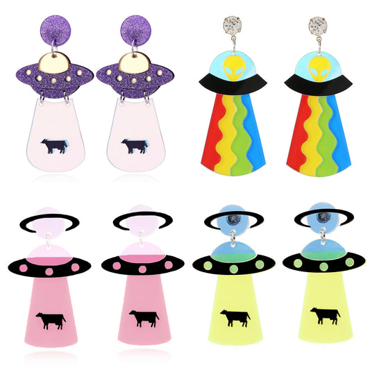 Earrings Fashion Funny Cute Alien UFO Cow Abduction - myfunfarm