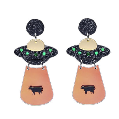 Earrings Fashion Funny Cute Alien UFO Cow Abduction - myfunfarm