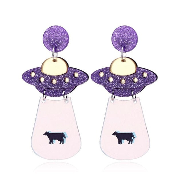 Earrings Fashion Funny Cute Alien UFO Cow Abduction - myfunfarm