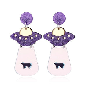 Earrings Fashion Funny Cute Alien UFO Cow Abduction