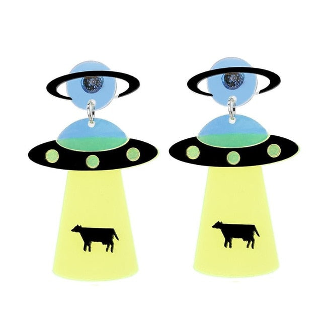 Earrings Fashion Funny Cute Alien UFO Cow Abduction - myfunfarm