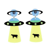 Earrings Fashion Funny Cute Alien UFO Cow Abduction