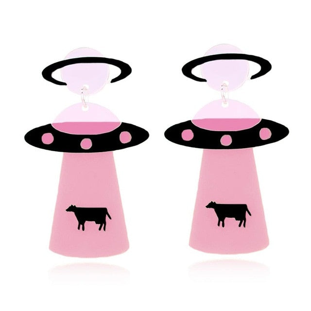 Earrings Fashion Funny Cute Alien UFO Cow Abduction - myfunfarm