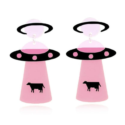 Earrings Fashion Funny Cute Alien UFO Cow Abduction - myfunfarm