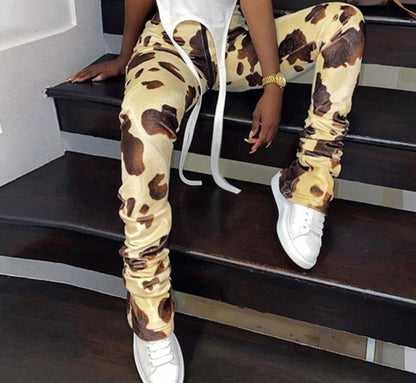 Cow Print Zipper Velvet Women Stacked Pants High Waist Fashion Street Style Slim - myfunfarm