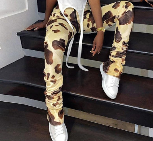 Cow Print Zipper Velvet Women Stacked Pants High Waist Fashion Street Style Slim - myfunfarm