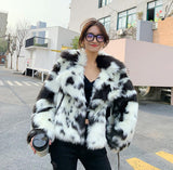 Luxury Winter Notched Collar Hairy Shaggy Cow pattern Jacket