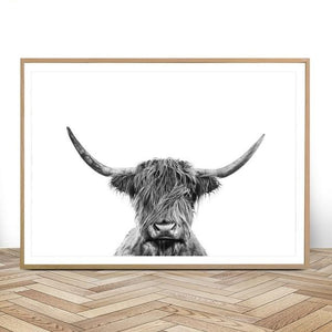 Black and White Highland Cow - Decor Wall Art Canvas Painting